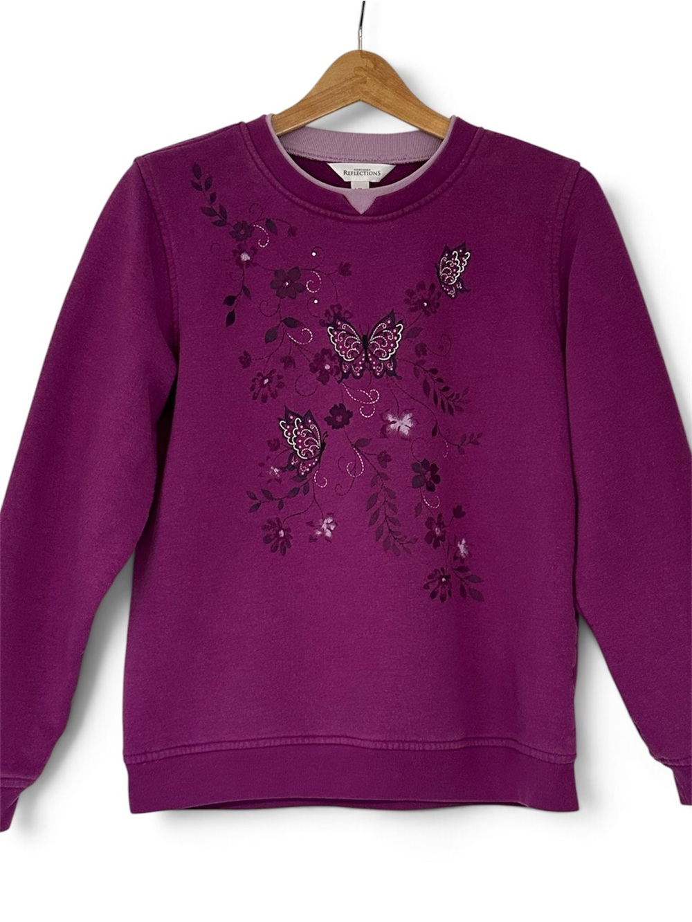 Northern Reflections Purple Butterfly Floral Sweatshirt Layered Collar